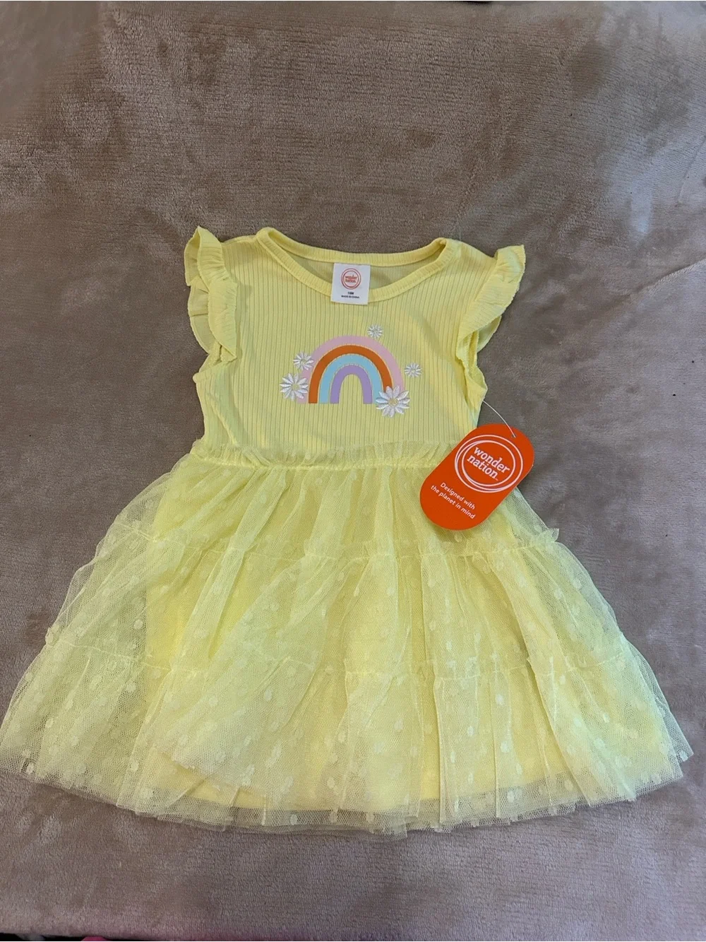 wonder nation Yellow Rainbow Tulle Dress with Flutter Sleeves